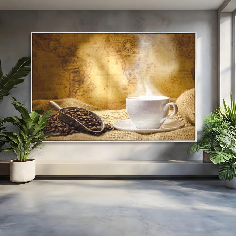Tablou canvas cu ceasca de cafea cu boabe pe sac de iuta, in rama de aluminiu argintiu